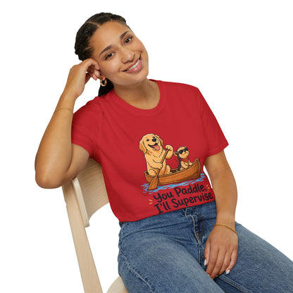 You Paddle I’ll Supervise t-shirt, dog canoe graphic design, red