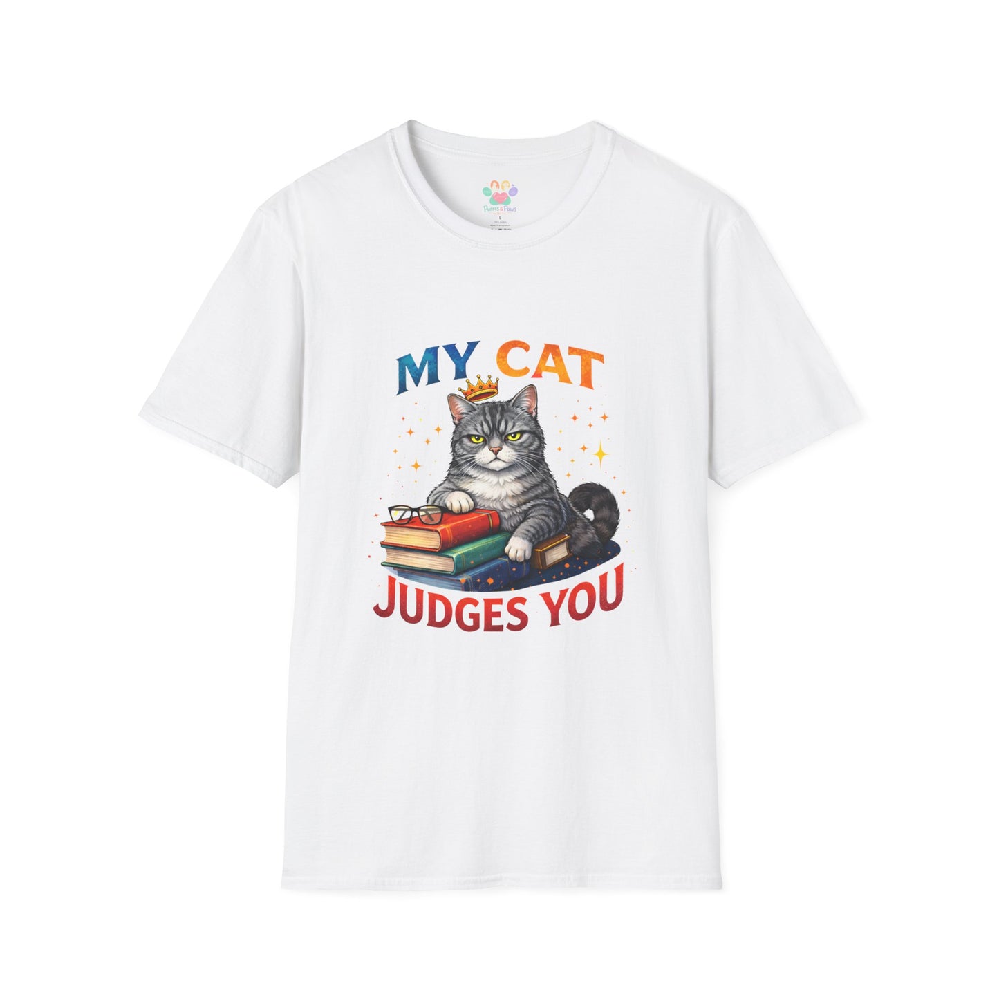 My Cat Judges You t-shirt, gray cat with crown sitting on books graphic, white
