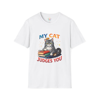 My Cat Judges You t-shirt, gray cat with crown sitting on books graphic, white