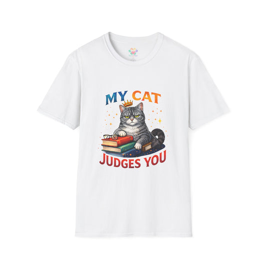 My Cat Judges You t-shirt, gray cat with crown sitting on books graphic, white