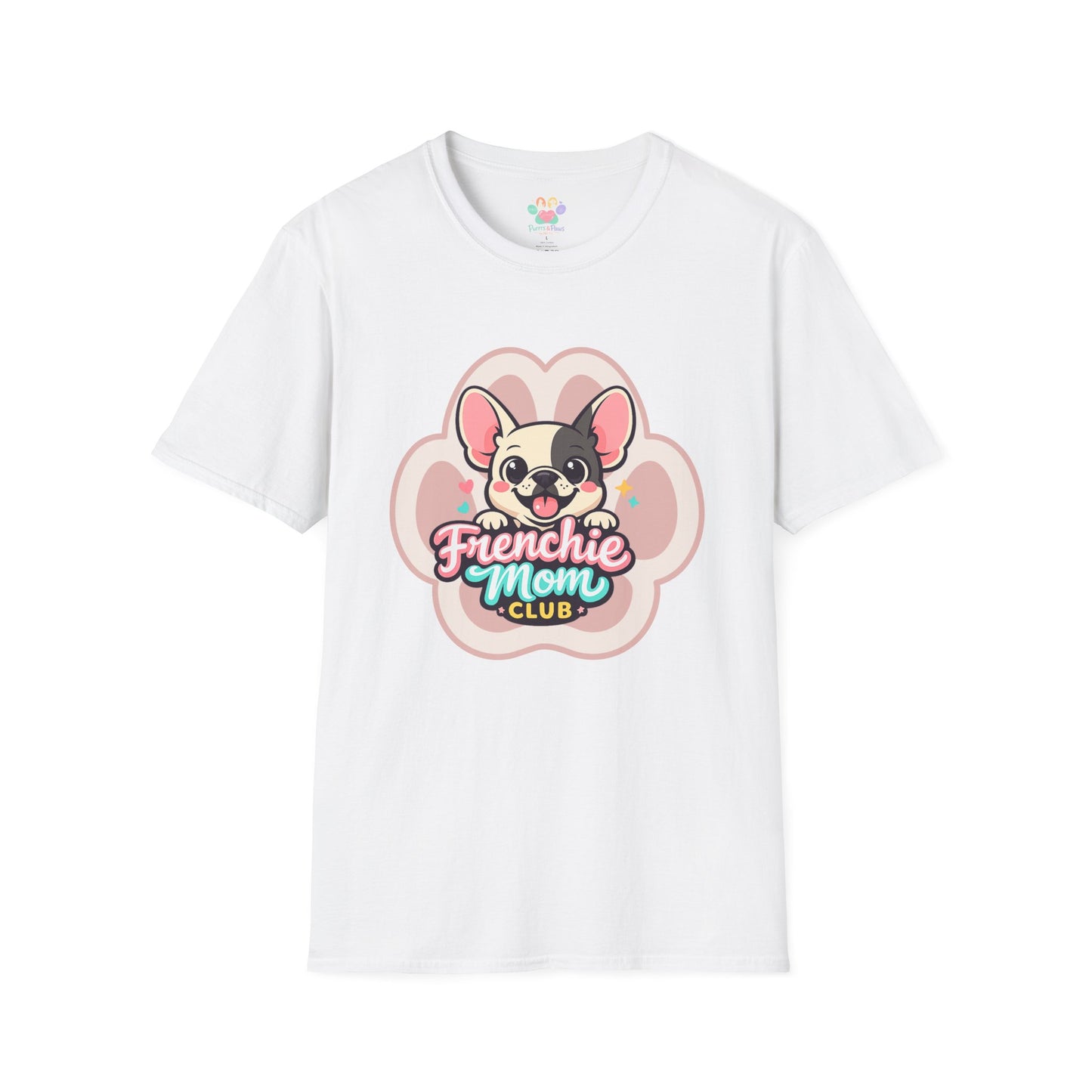 Frenchie mom t-shirt, cute French bulldog graphic, “Frenchie Mom Club” quote, white