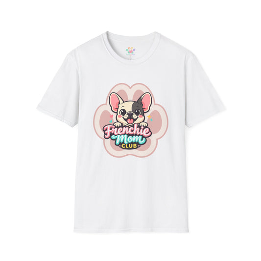 Frenchie mom t-shirt, cute French bulldog graphic, “Frenchie Mom Club” quote, white