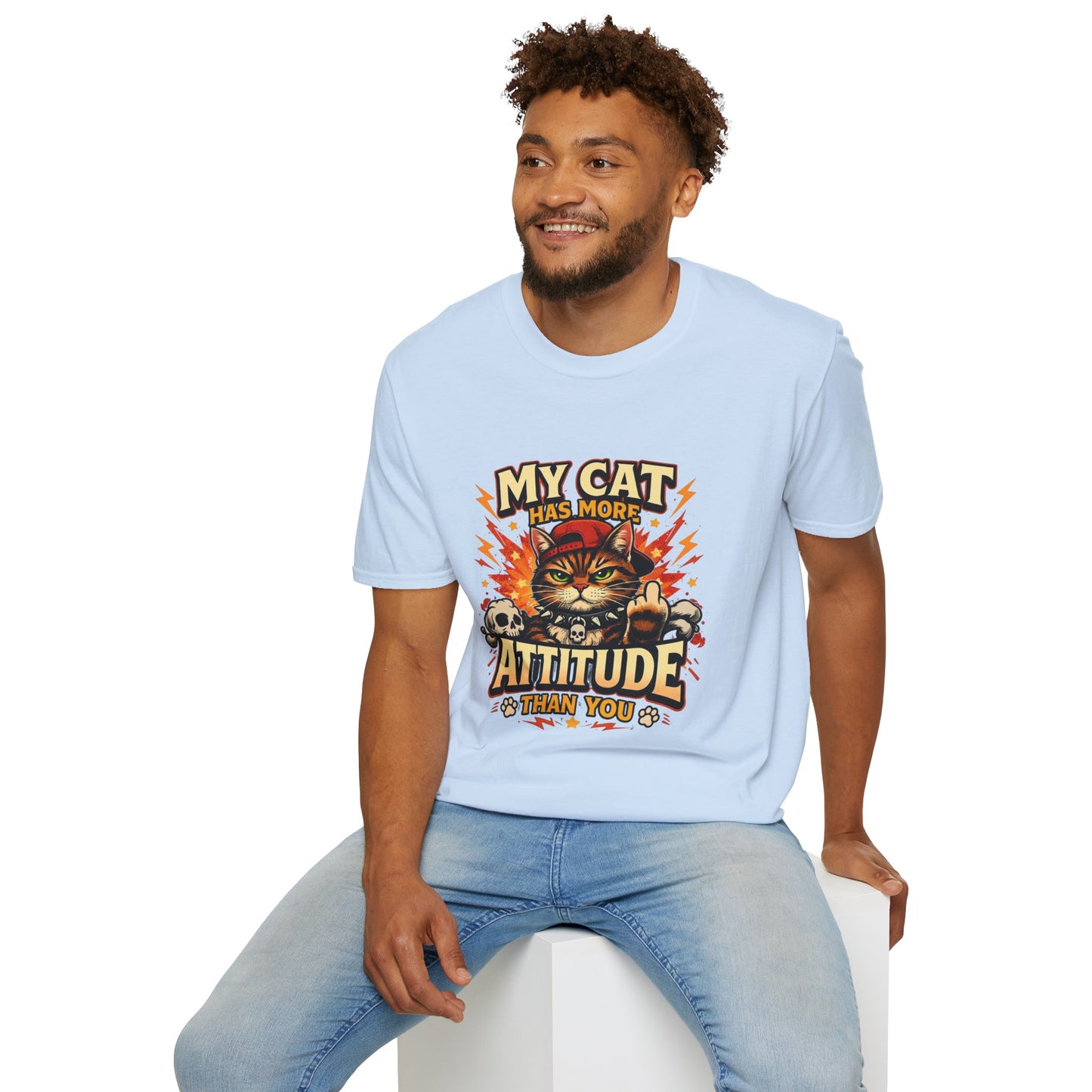 Cute funny cat t-shirt, sarcastic quote, cartoon cat graphic, light blue
