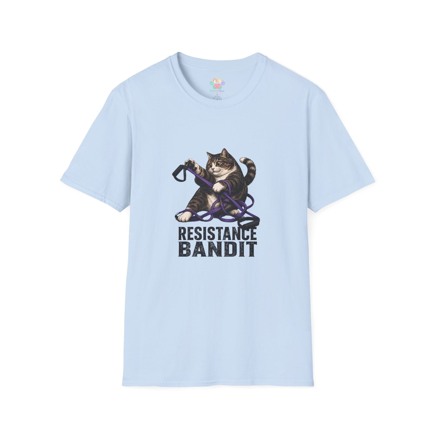 Resistance Bandit cat t-shirt, funny fitness cat with exercise resistance band illustration, light blue