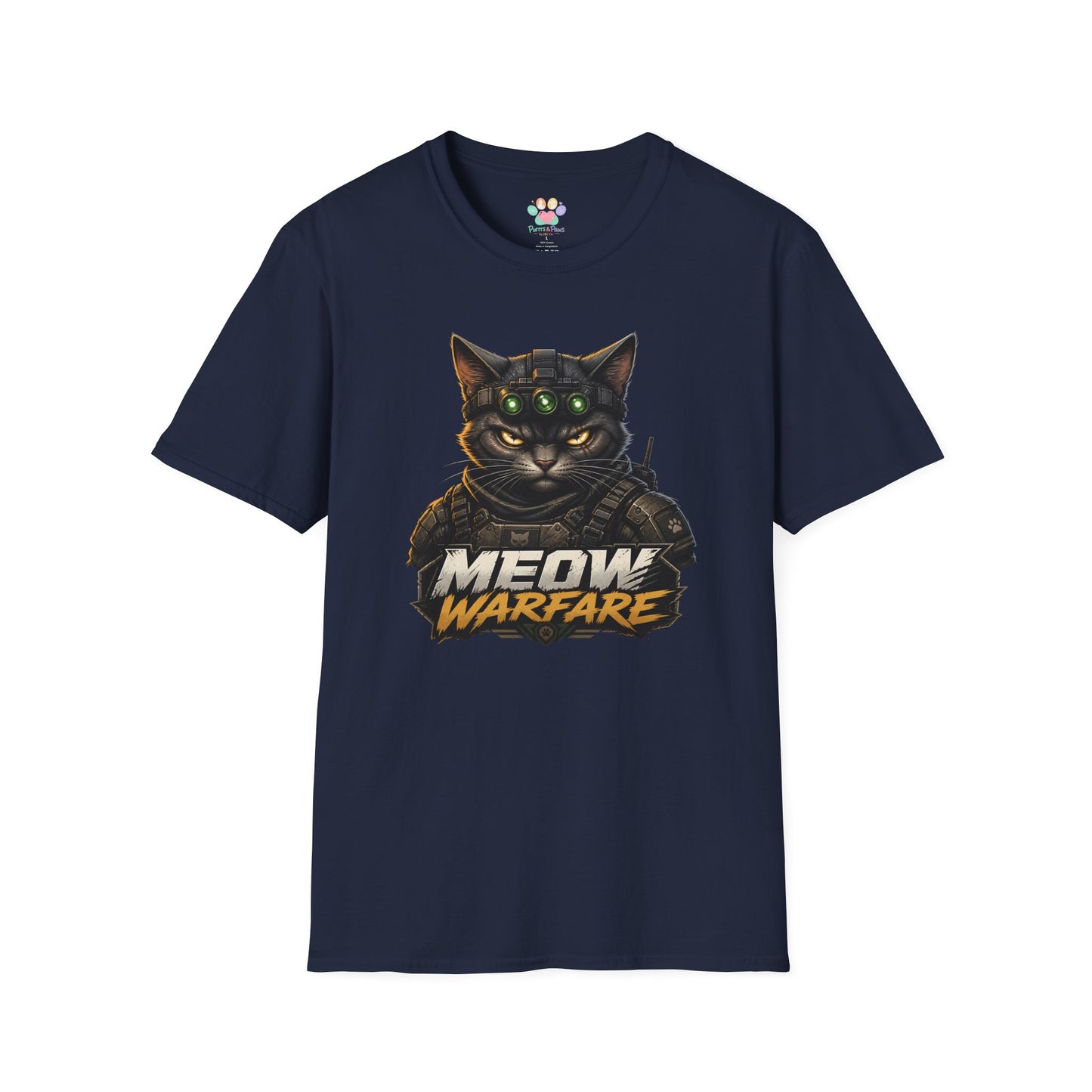 Meow Warfare t-shirt, military parody cat illustration with armored feline graphic, navy