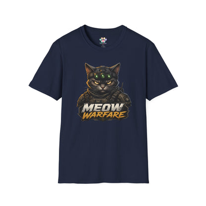 Meow Warfare t-shirt, military parody cat illustration with armored feline graphic, navy