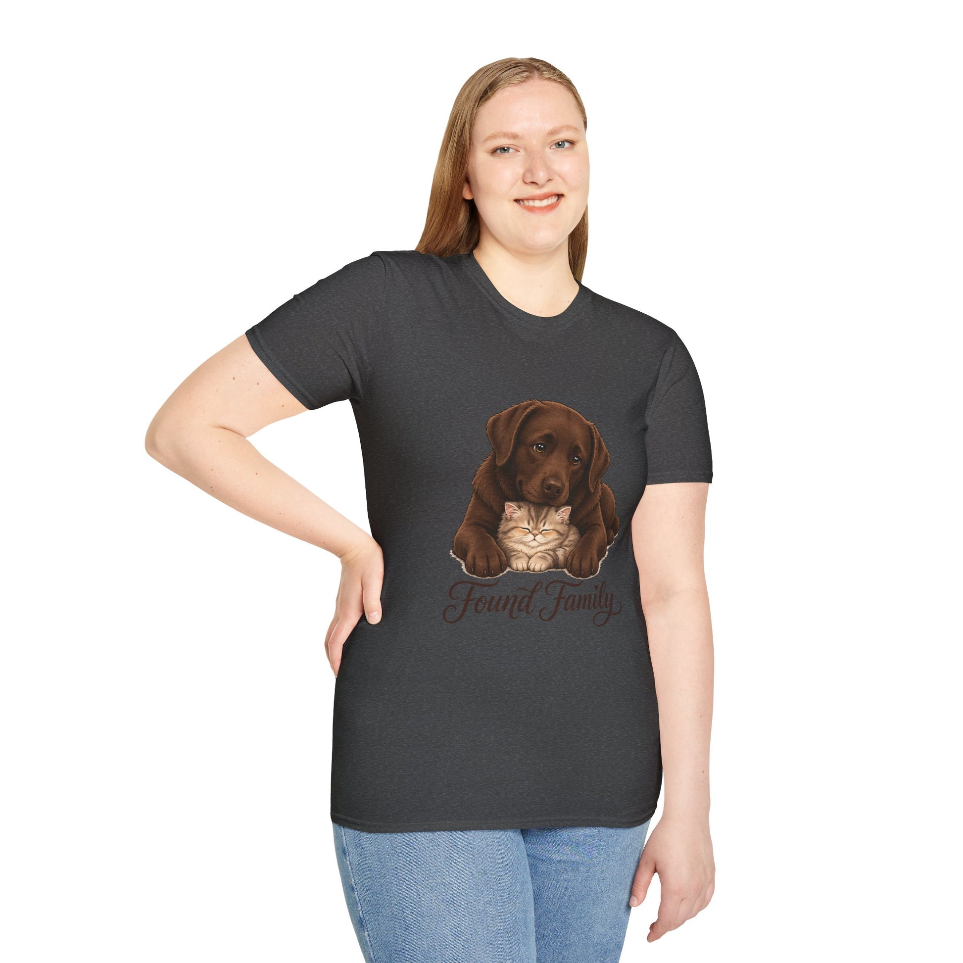 Found Family Labrador Retriever t-shirt, chocolate lab dog and cat cuddle design, dark heather