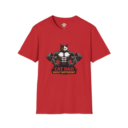 Cat Dad Built Different t-shirt, muscular feline bodybuilder design, funny workout cat dad t-shirt, red