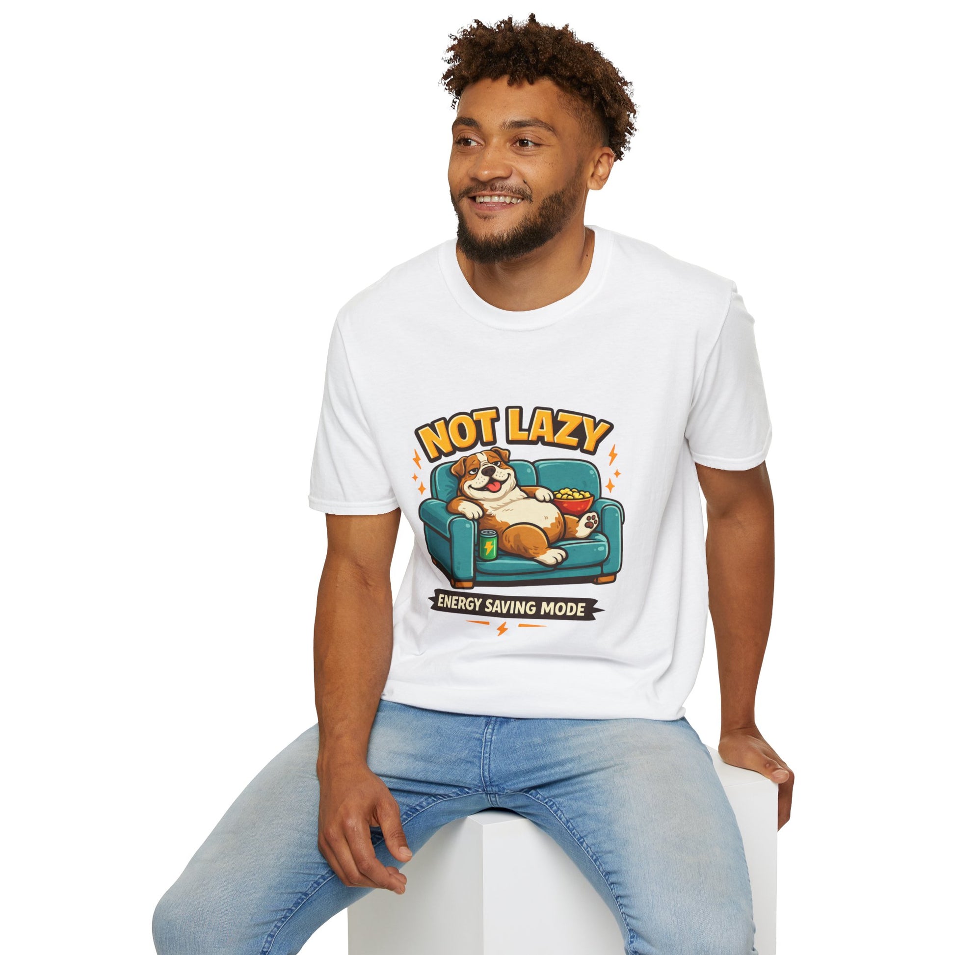 Not Lazy Energy Saving Mode t-shirt, lazy dog on couch with snacks graphic, white