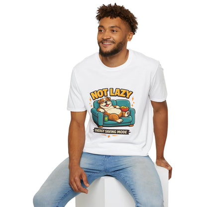 Not Lazy Energy Saving Mode t-shirt, lazy dog on couch with snacks graphic, white