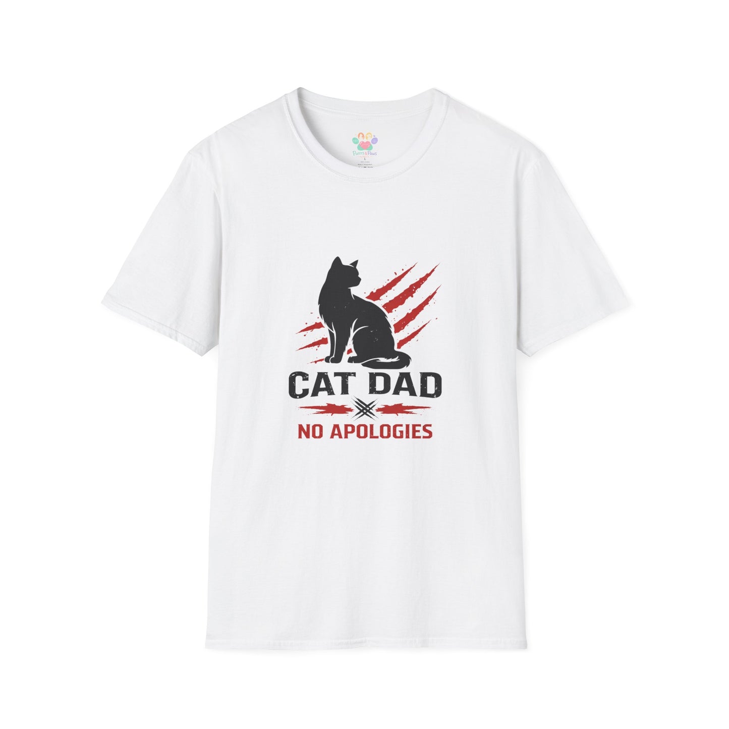 Cat Dad No Apologies t-shirt, black cat silhouette graphic, white