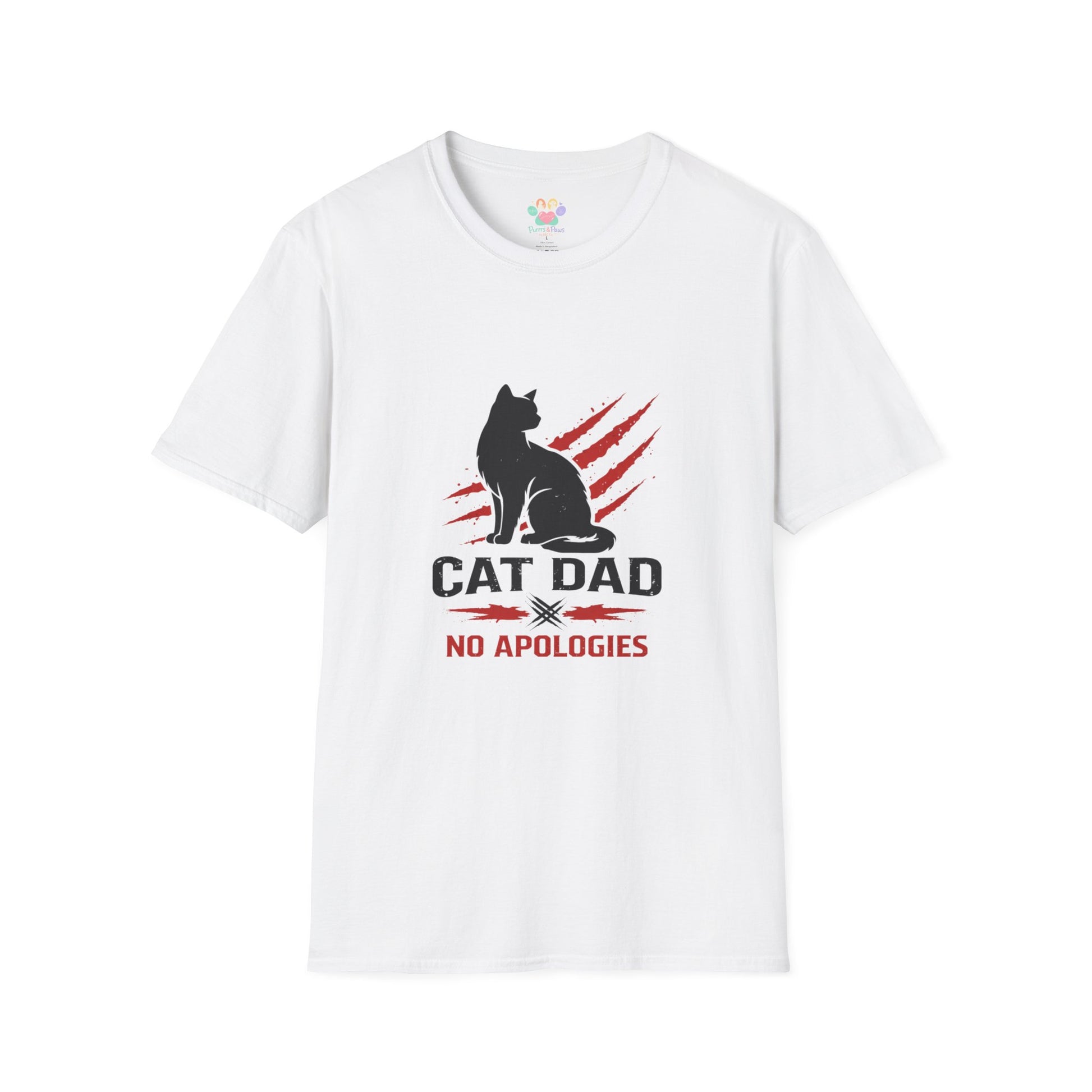 Cat Dad No Apologies t-shirt, black cat silhouette graphic, white