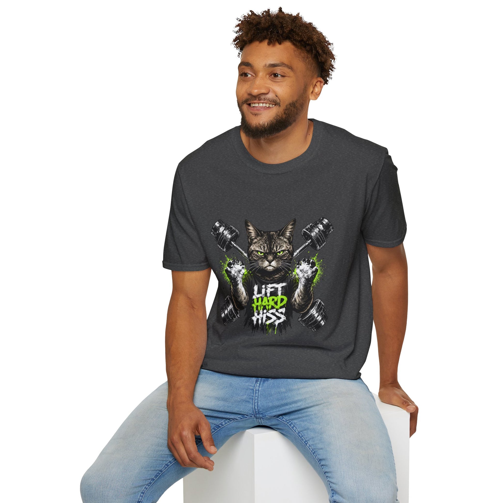 Lift Hard Hiss Harder cat t-shirt, bodybuilding cat fitness graphic design, dark heather