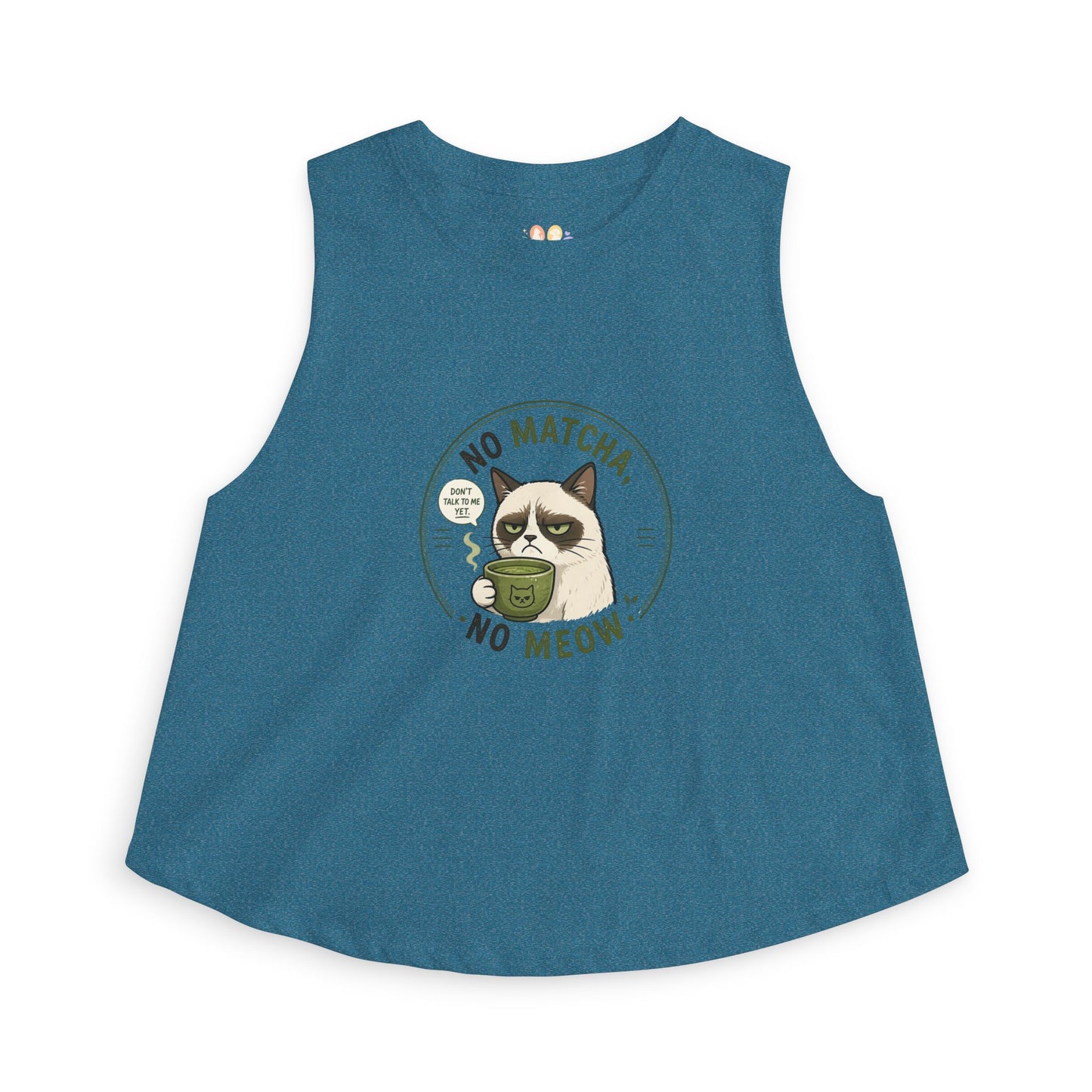 No Matcha No Meow tank top, cat with matcha mug illustration, deep teal