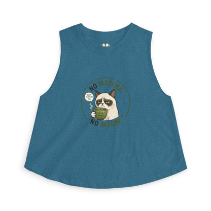 No Matcha No Meow tank top, cat with matcha mug illustration, deep teal