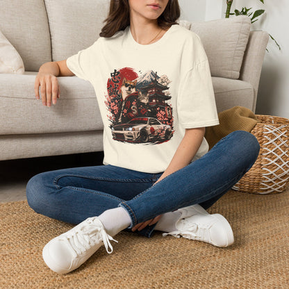 Samurai Shiba Inu and Tabby Cat t-shirt, car enthusiast design featuring samurai Shiba Inu and tabby cat, natural
