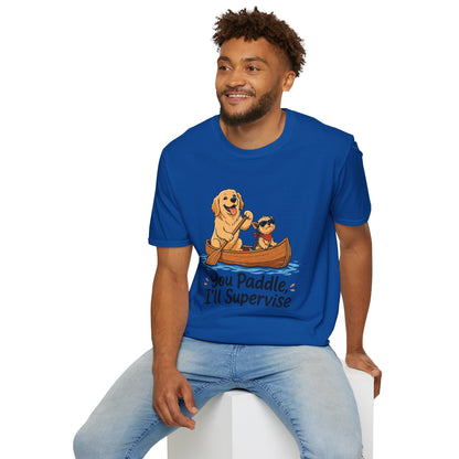 You Paddle I’ll Supervise t-shirt, golden retriever with small dog in canoe illustration, royal blue
