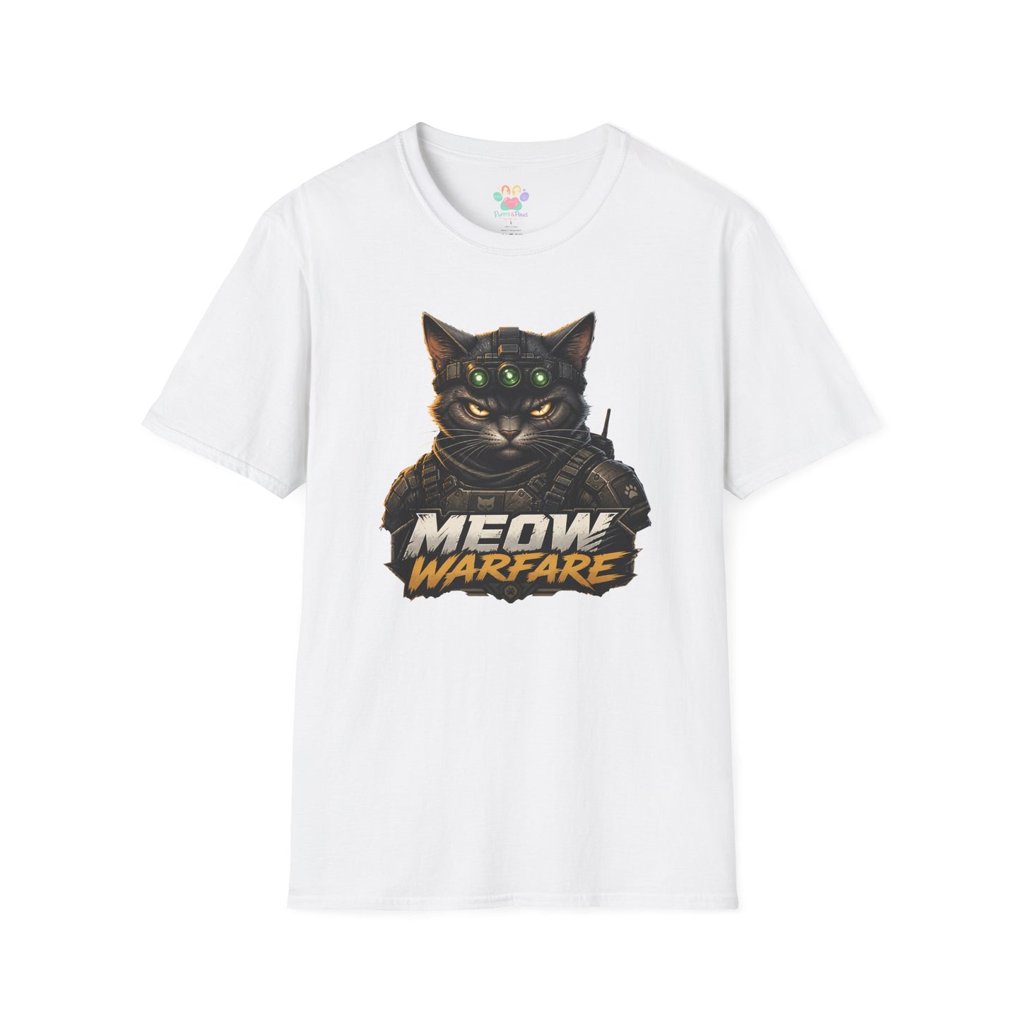 Meow Warfare t-shirt, funny tactical cat graphic with armored black cat illustration, white