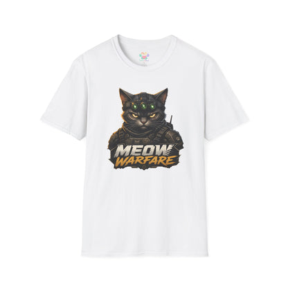 Meow Warfare t-shirt, funny tactical cat graphic with armored black cat illustration, white