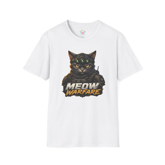 Meow Warfare t-shirt, funny tactical cat graphic with armored black cat illustration, white