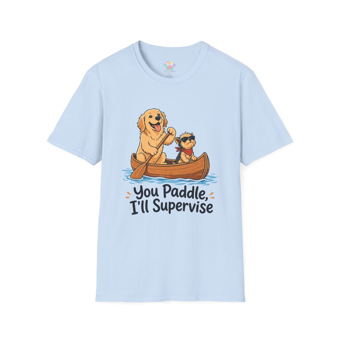 You Paddle I’ll Supervise t-shirt, cute dogs boating in canoe illustration, light blue