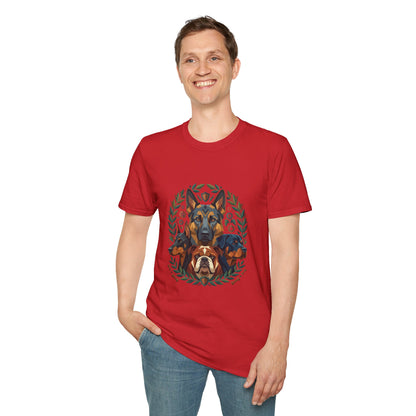Multiple dog breeds graphic, German Shepherd Doberman Rottweiler Bulldog design, red