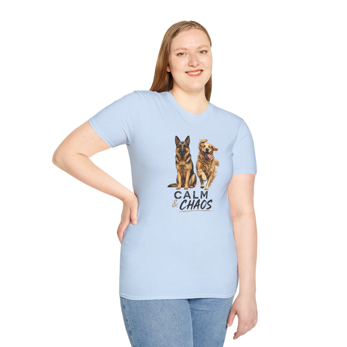 Calm & Chaos t-shirt, two dogs contrast design German Shepherd and Golden Retriever, light blue