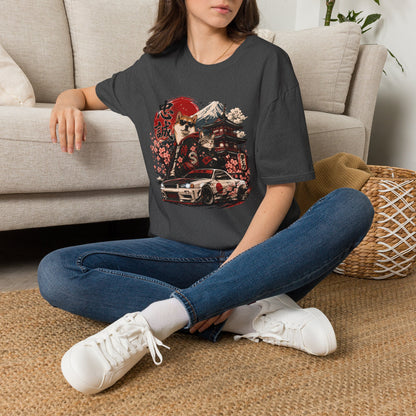 Samurai Shiba Inu and Tabby Cat t-shirt, Japanese heritage artwork with cherry blossoms and performance car, dark heather