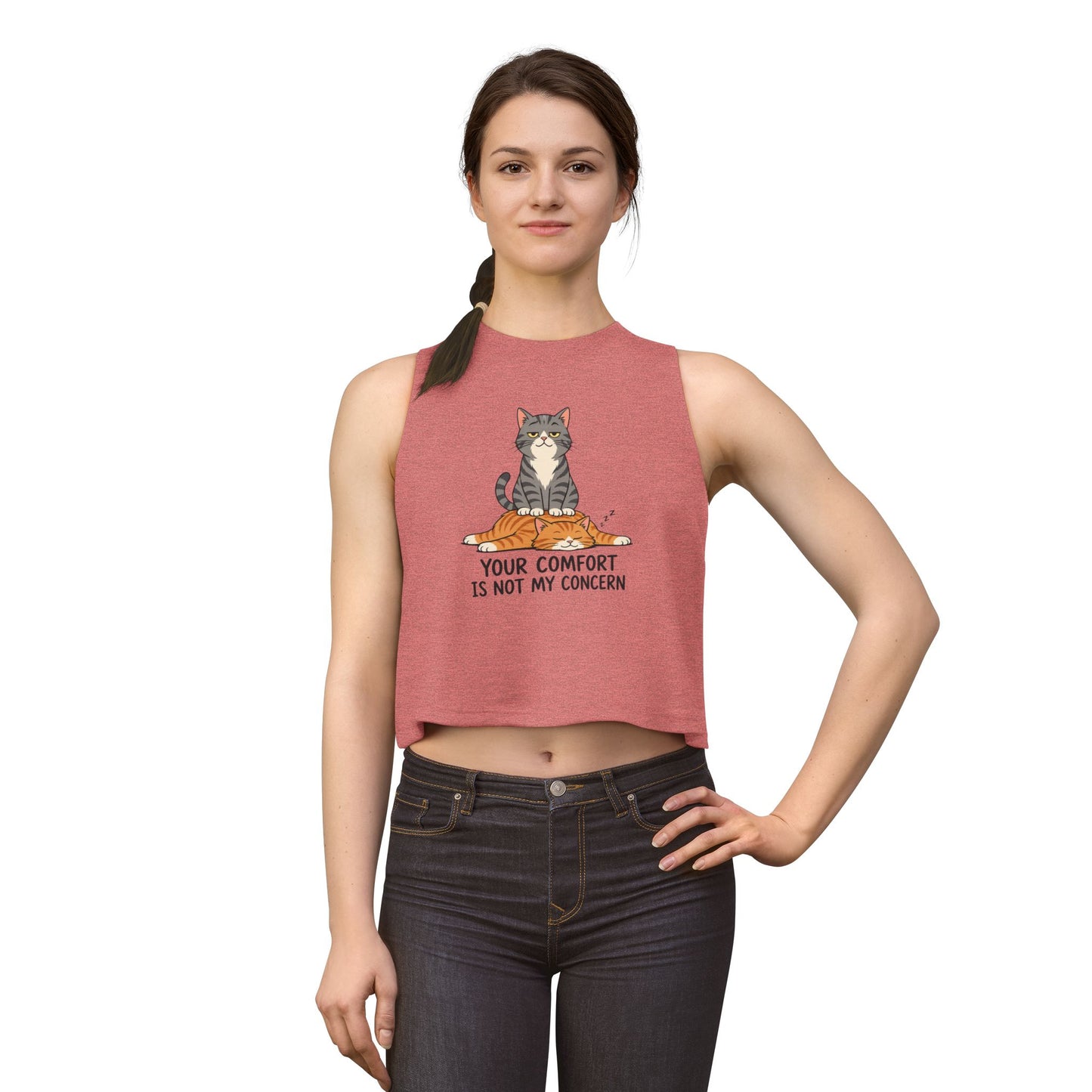 Your Comfort Is Not My Concern tank top, humorous cat graphic with bold text, mauve
