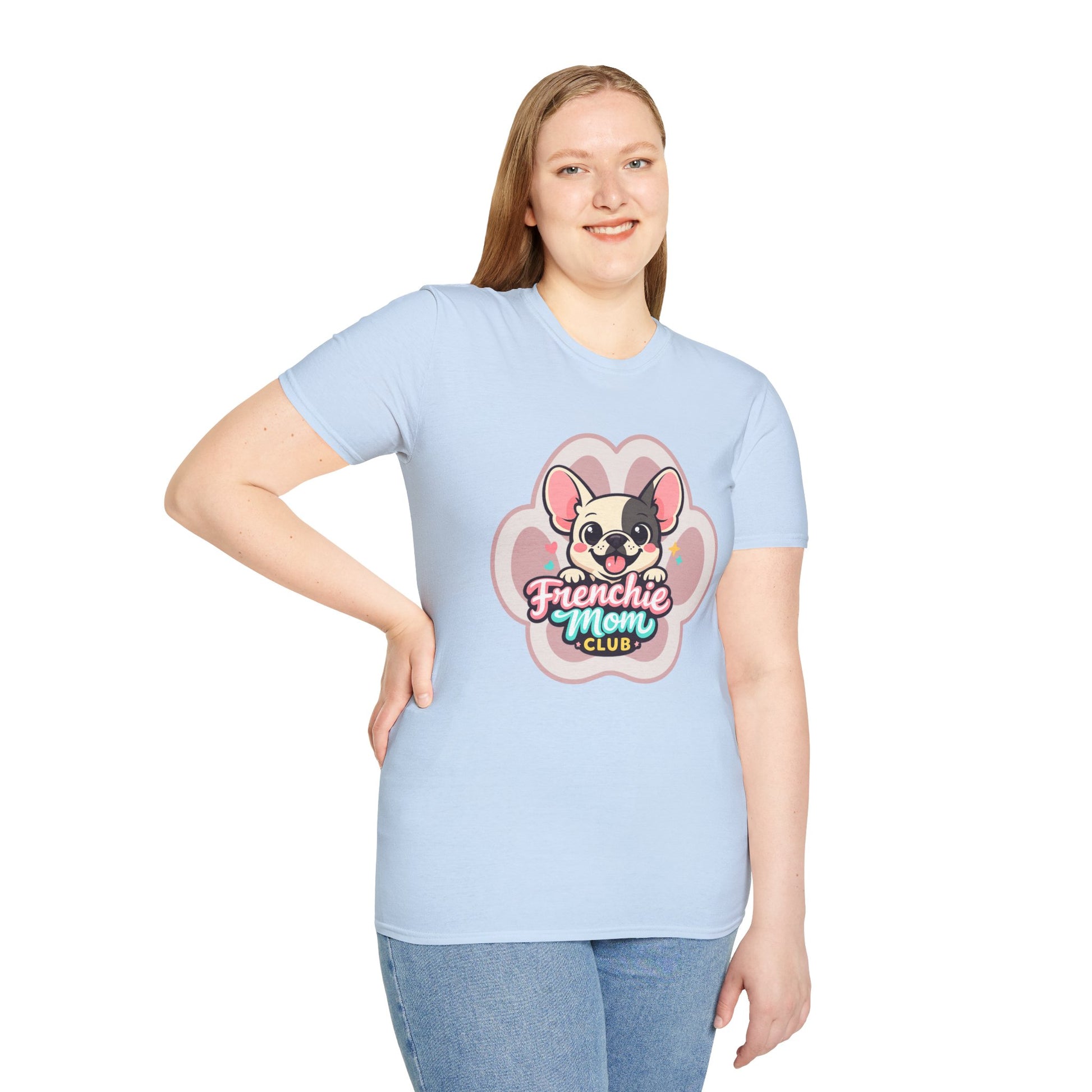 French bulldog mom shirt, cute Frenchie graphic, “Frenchie Mom Club” design, light blue
