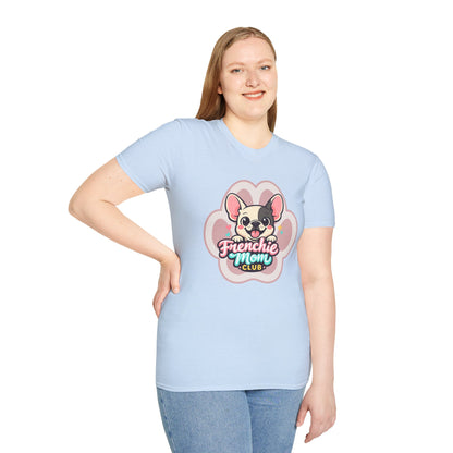 French bulldog mom shirt, cute Frenchie graphic, “Frenchie Mom Club” design, light blue