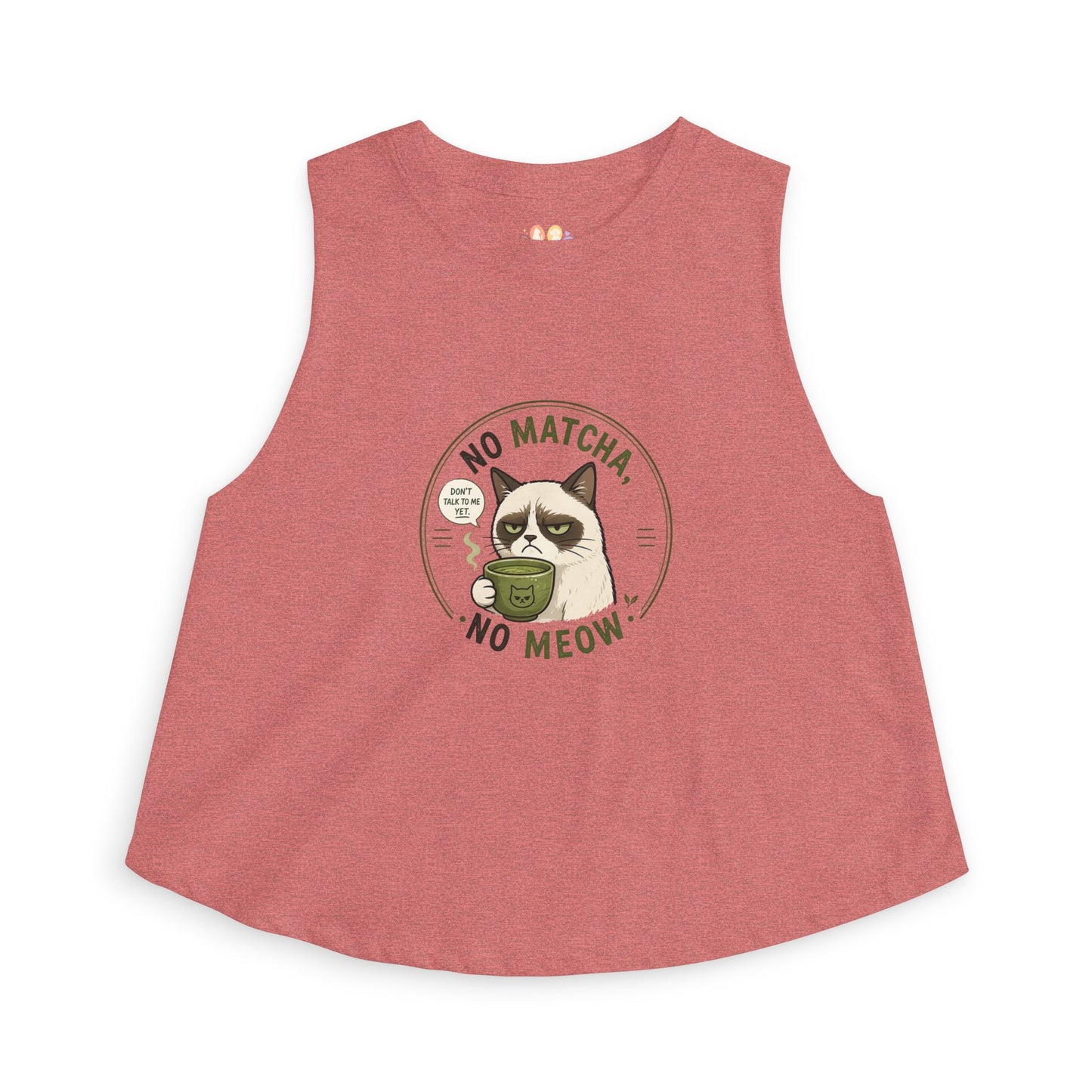 No Matcha No Meow tank top, cat holding matcha drink illustration, mauve
