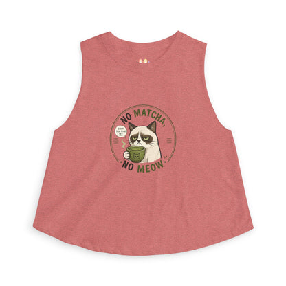 No Matcha No Meow tank top, cat holding matcha drink illustration, mauve