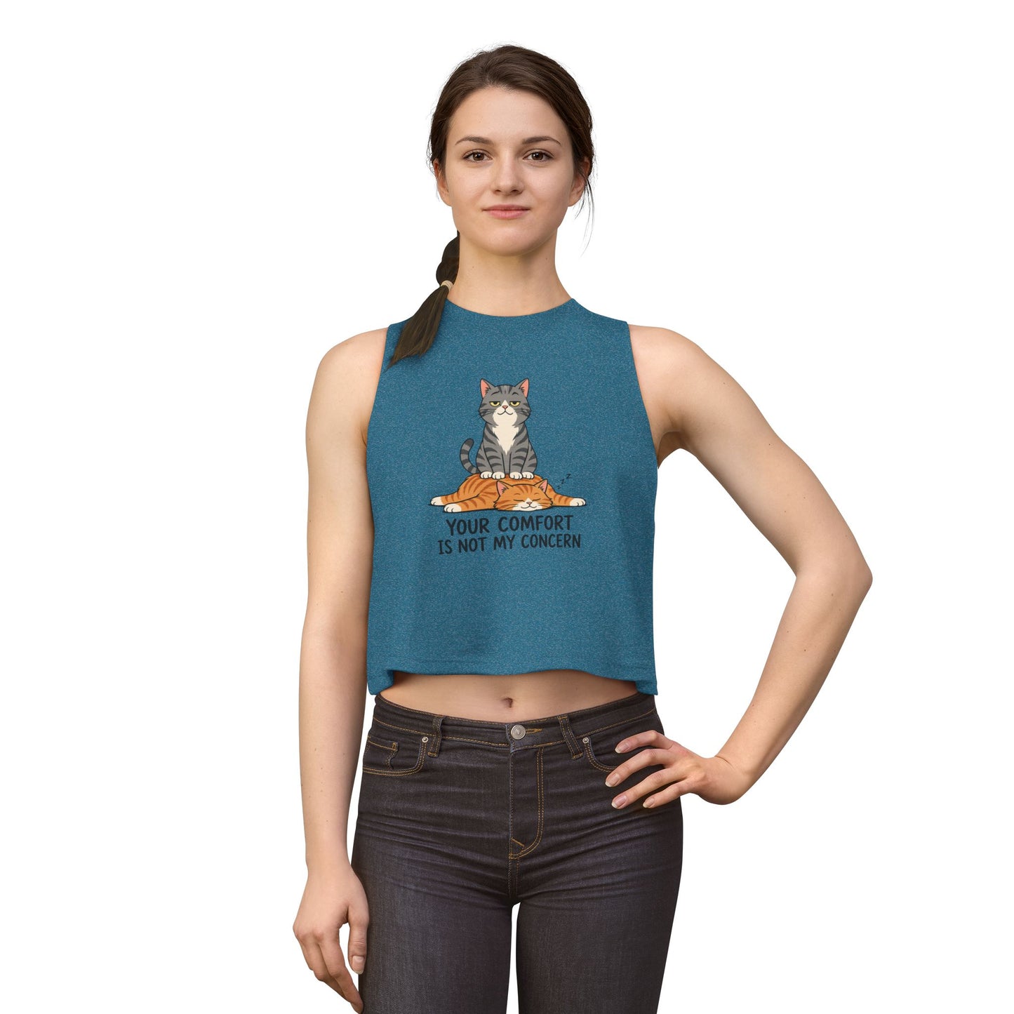 Your Comfort Is Not My Concern tank top, funny cat attitude illustration, deep teal