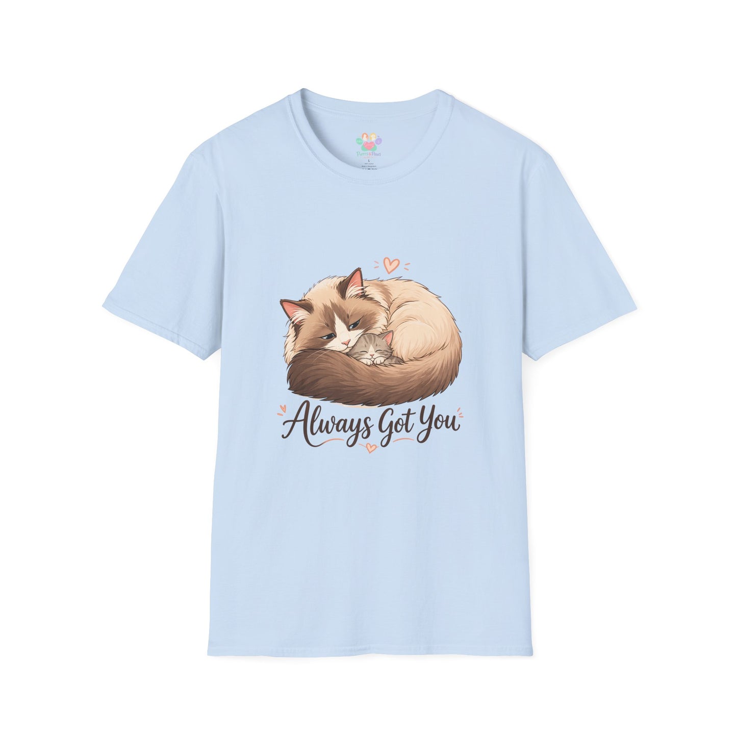 Always Got You t-shirt, cat and kitten cuddle illustration, light blue