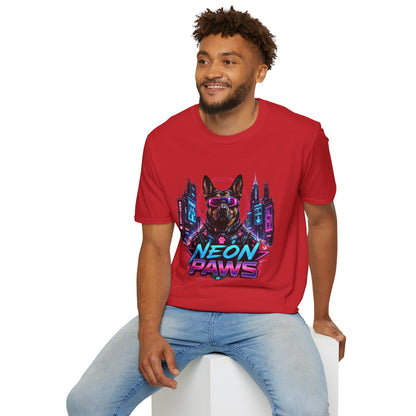 Neon Paws t-shirt, futuristic neon dog design with cyberpunk canine illustration, red