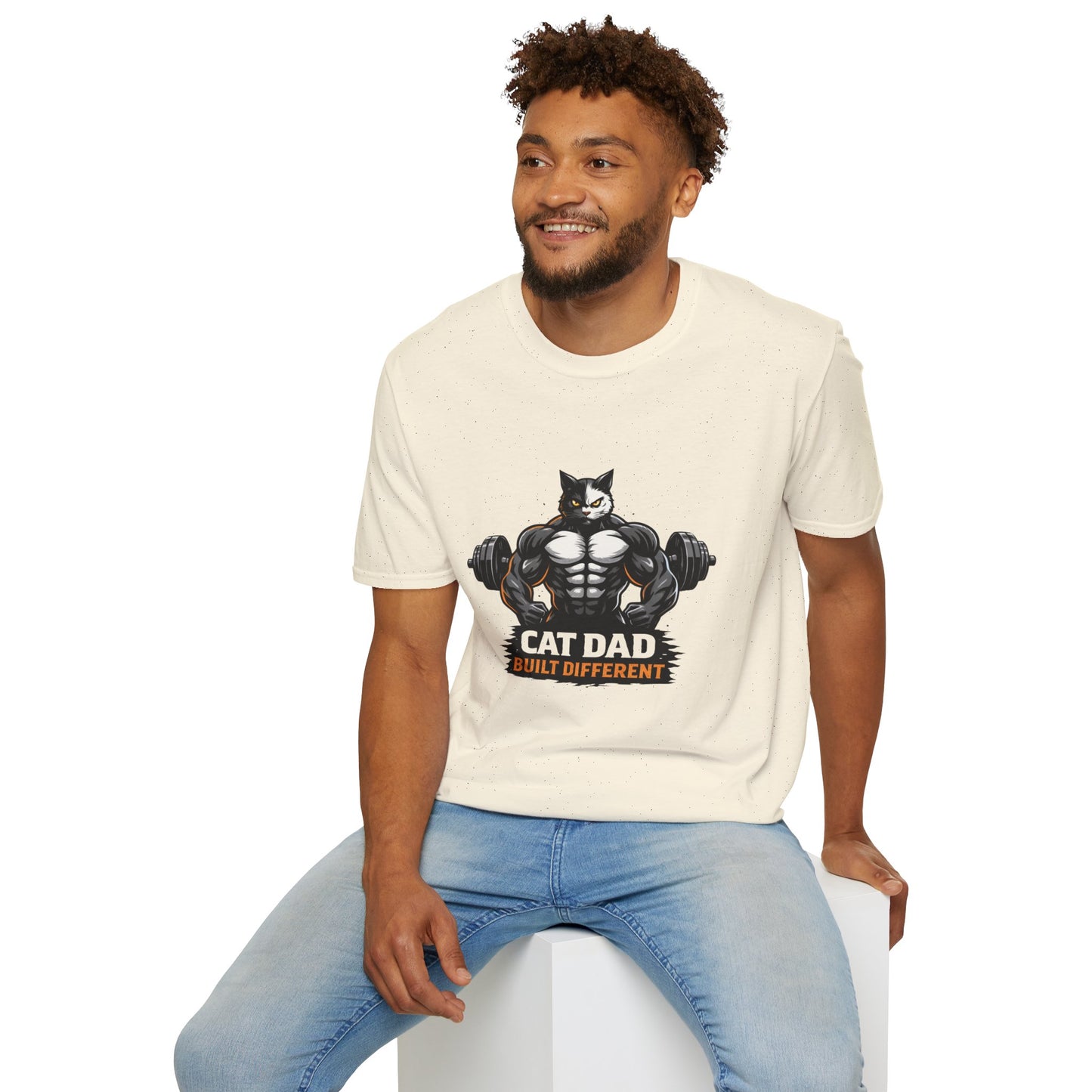 Cat Dad Built Different t-shirt, powerful cat bodybuilder artwork with fitness theme, cat dad gift t-shirt, natural