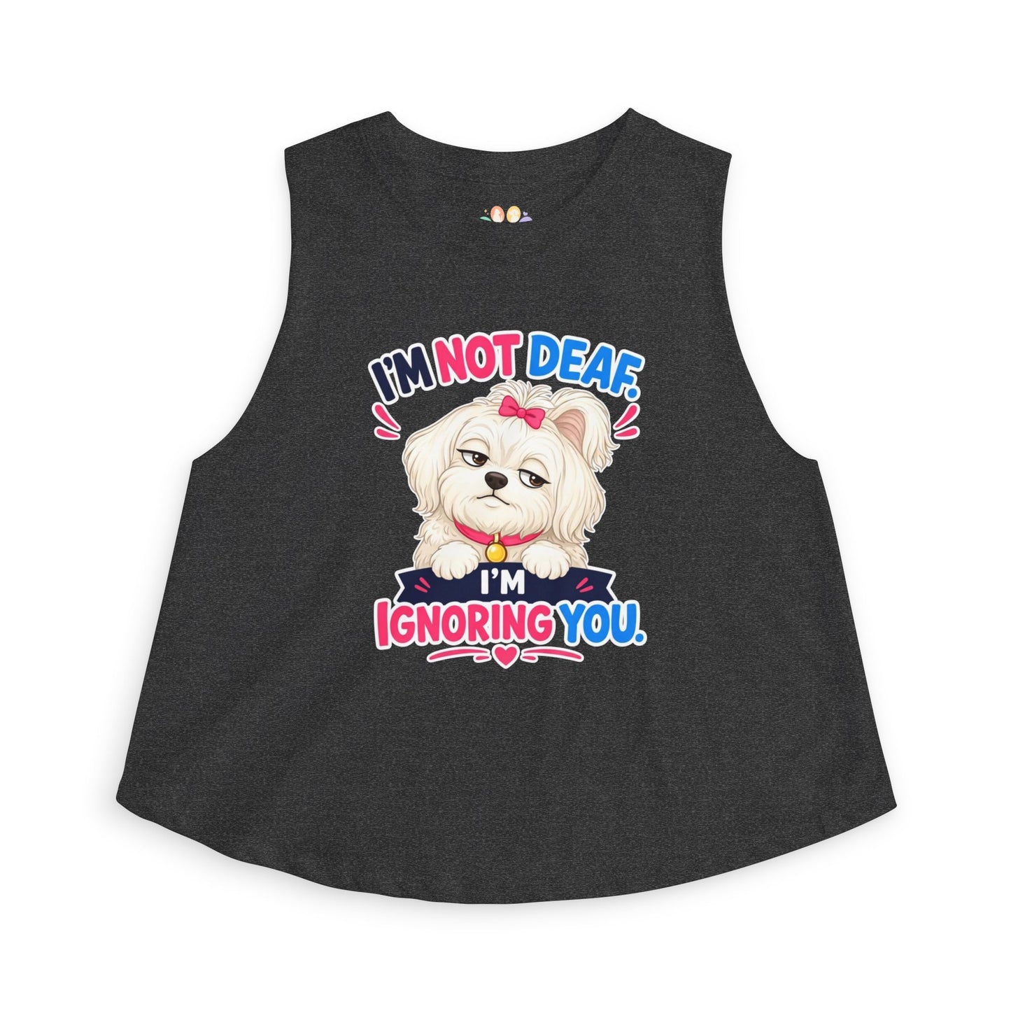 I’m Not Deaf I’m Ignoring You tank top, sassy small dog illustration with bow, dark grey heather