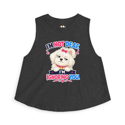 I’m Not Deaf I’m Ignoring You tank top, sassy small dog illustration with bow, dark grey heather