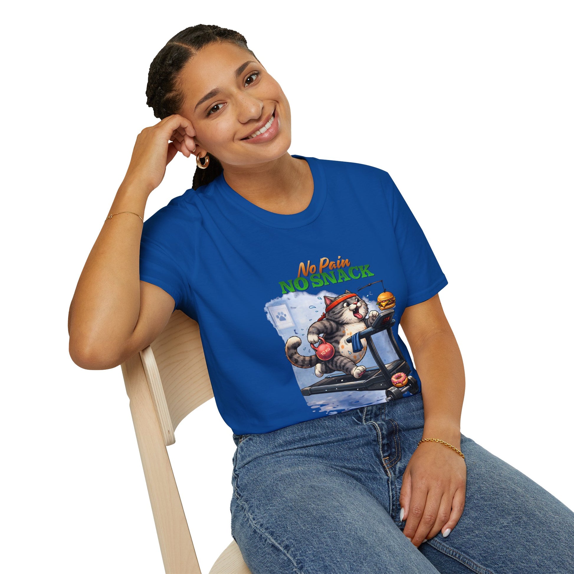 No Pain No Snack t-shirt, running cat with snack illustration, royal blue