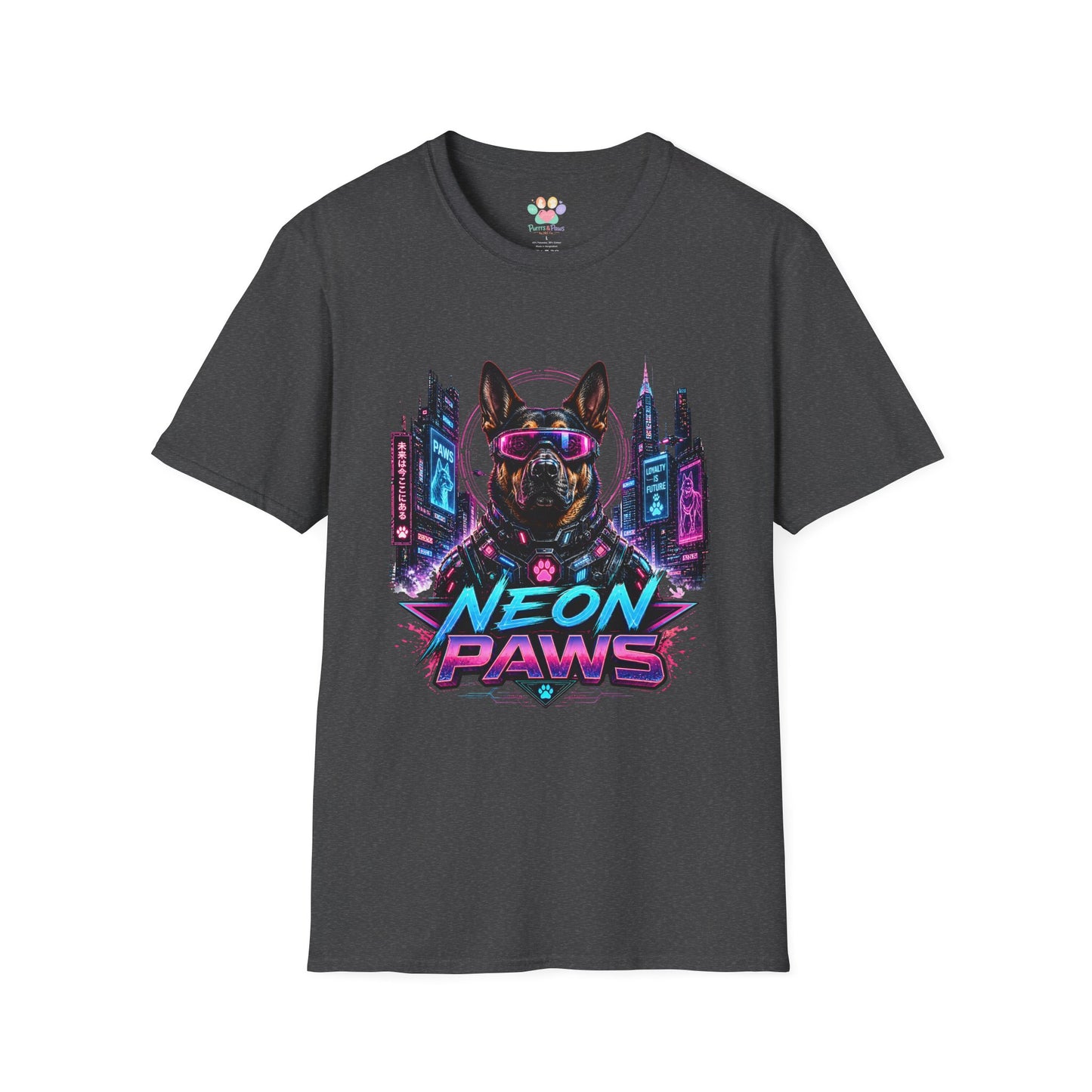 Neon Paws t-shirt, sci-fi neon dog illustration with futuristic canine design, dark heather