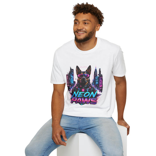 Neon Paws t-shirt, cyberpunk dog graphic with futuristic neon canine illustration, white
