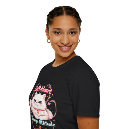 Soft Heart Sharp Attitude cat shirt, cute fluffy kitten graphic, sassy cat lover design, black