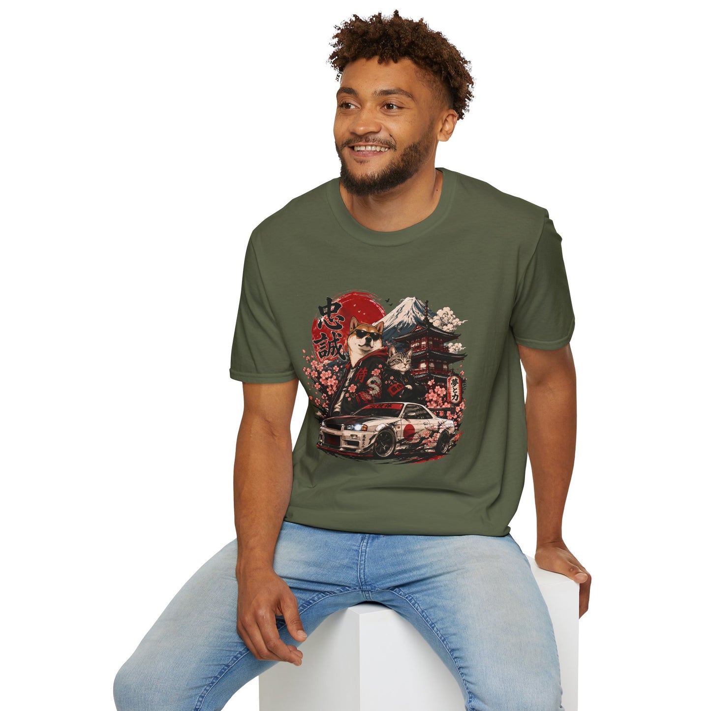 Samurai Shiba Inu and Tabby Cat t-shirt, anime-inspired Shiba Inu and tabby cat graphic design, military green