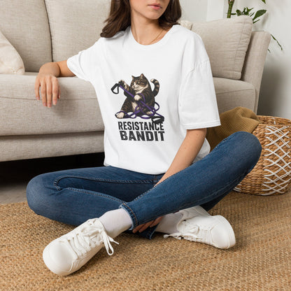 Resistance Bandit cat t-shirt, playful cat tangled in resistance bands graphic, white