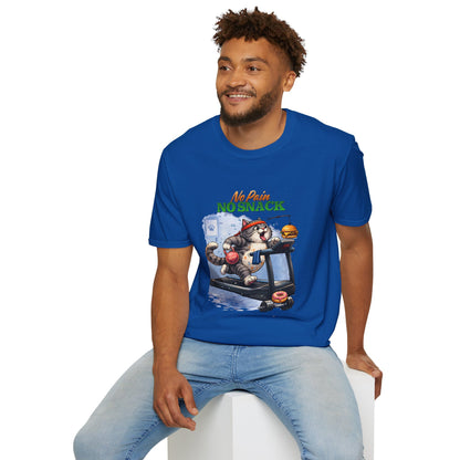 No Pain No Snack t-shirt, running cat with snack illustration, royal blue