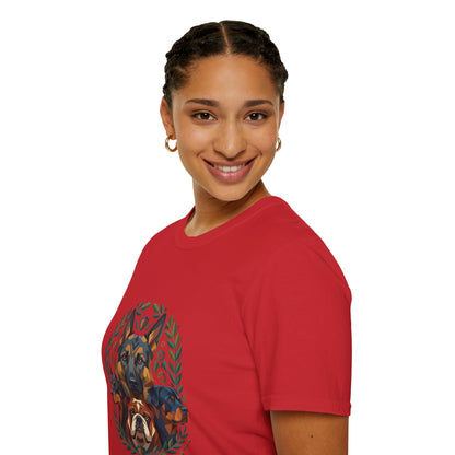 Multiple dog breeds graphic, German Shepherd Doberman Rottweiler Bulldog design, red