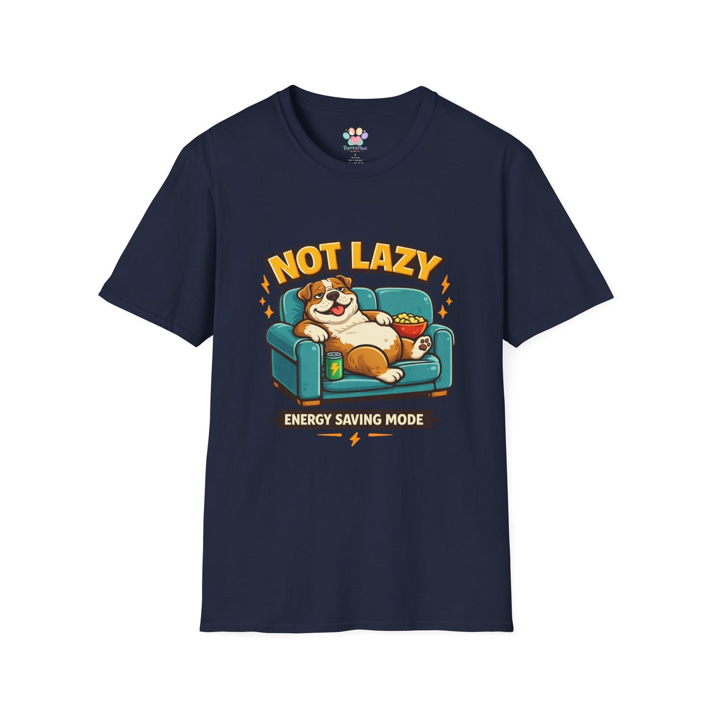 Not Lazy Energy Saving Mode t-shirt, dog lounging on couch design, navy
