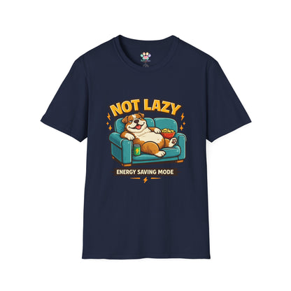 Not Lazy Energy Saving Mode t-shirt, dog lounging on couch design, navy