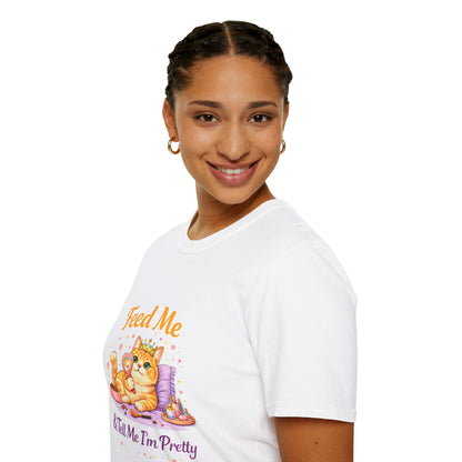 Feed Me & Tell Me I’m Pretty cat t-shirt, cute orange kitten with crown graphic, white